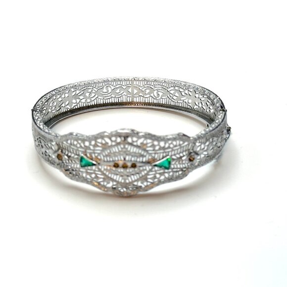 Vintage Art Deco Filigree Cuff Bracelet with Green & Black Glass Accents — EUC - Picture 4 of 5